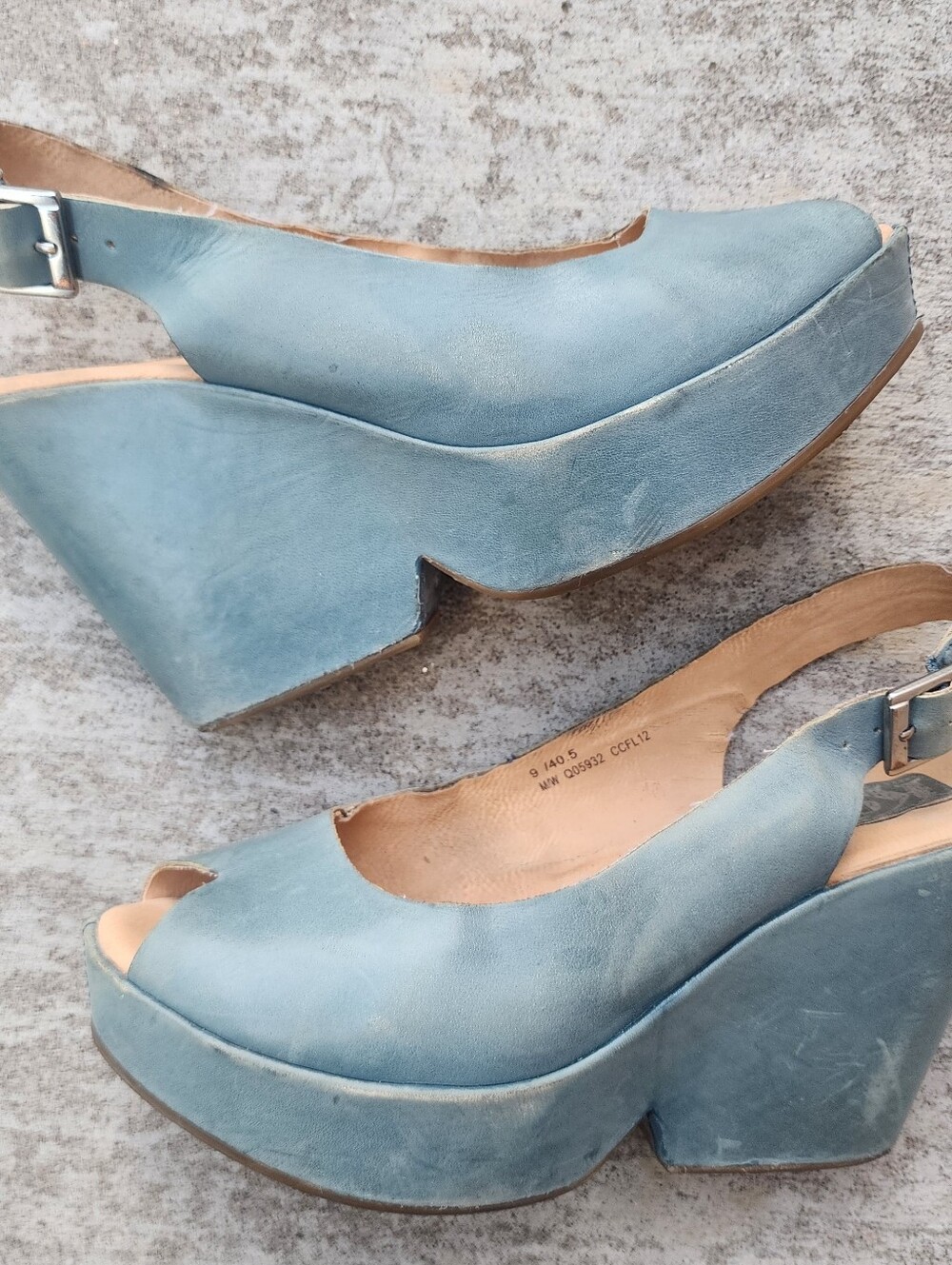 Kork Ease Wedge Blue Leather Platform Chunky Sandal, Peep Slingback Womens Sz 9